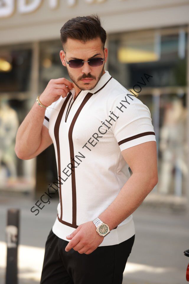 Erkek Fermuar Yakalı şerit Detaylı Kısa Kollu Tişört