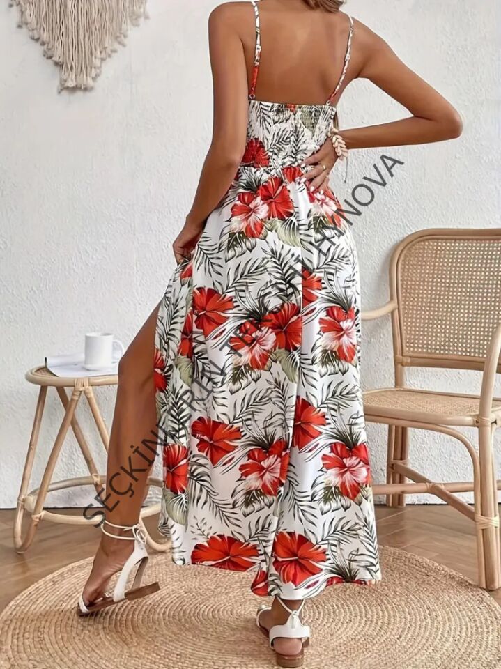 Kadın Ip Askılı V Yakalı Bel Güpür çiçek Desenli Yandan Yırtmaçlı Maksi Süprem Elbise