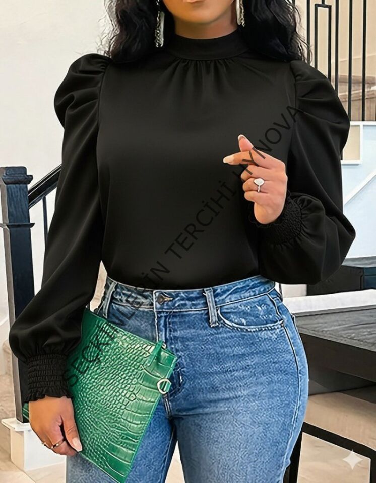 Kadın Uzun Kollu Balıkçı Yaka Arkadan Bağlamalı Omuzlardan Balon Ithal Krep Bluz