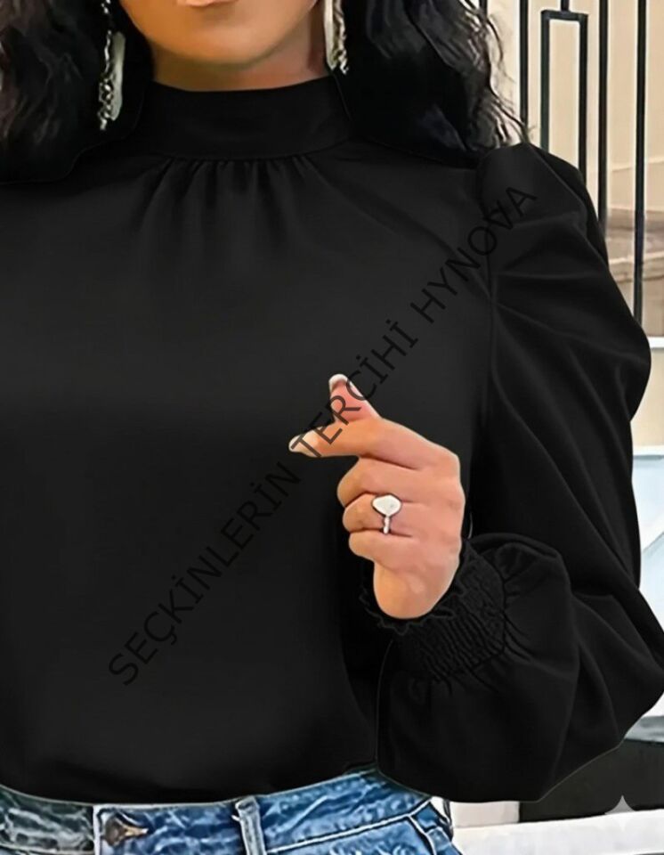 Kadın Uzun Kollu Balıkçı Yaka Arkadan Bağlamalı Omuzlardan Balon Ithal Krep Bluz
