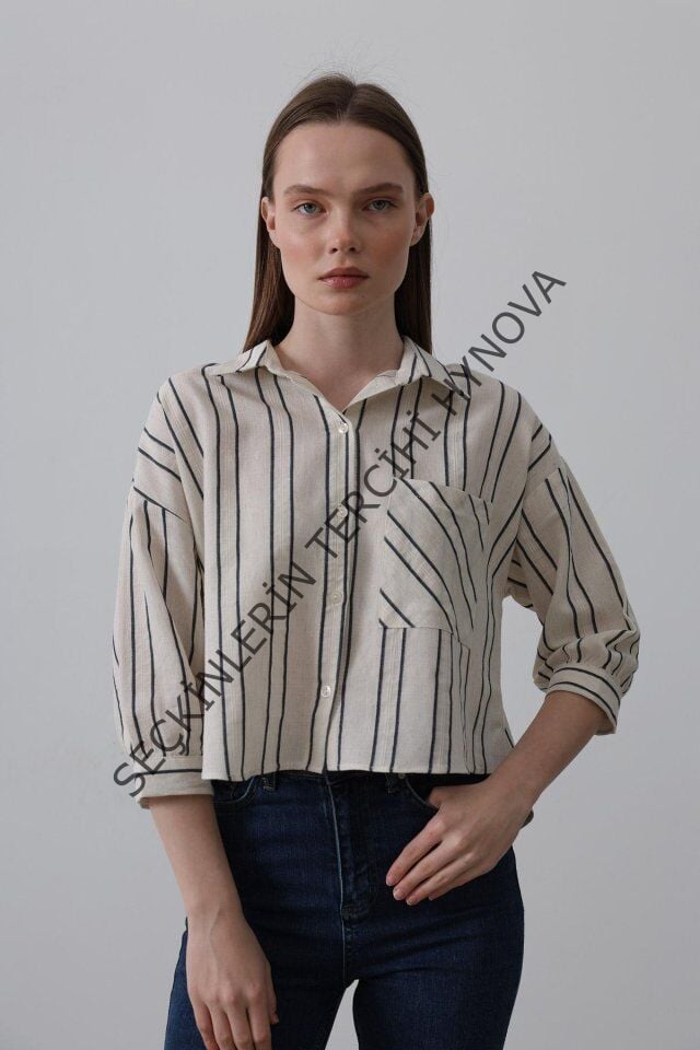 Çizgili Kısa Gömlek - Bej-Lacivert