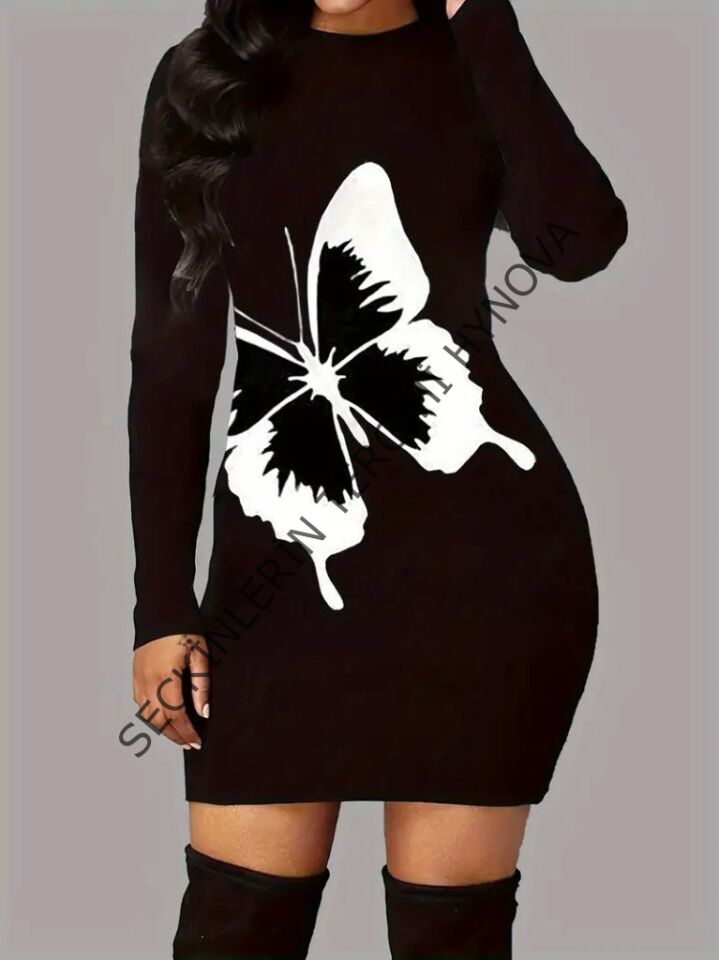 Kadın Uzun Kollu Bisiklet Yaka Kelebek Desenli Kısa Viskon Iki Iplik Elbise