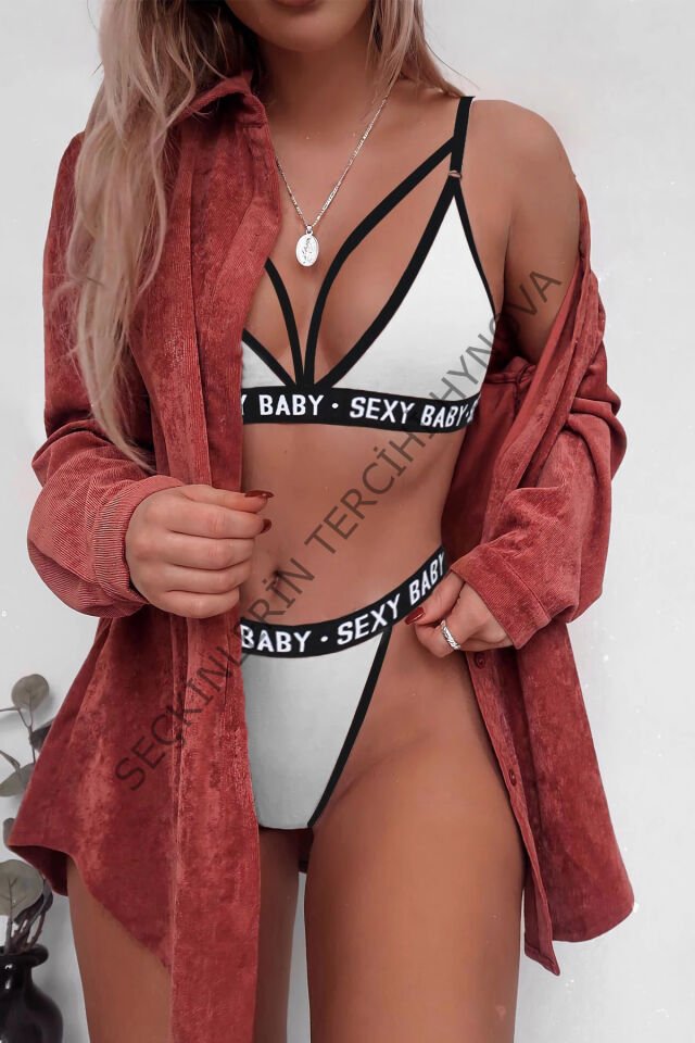 Kadın Beyaz Yazı Detaylı Ipli Sütyen Takımı – Modern, Konforlu ve Günlük Kombinlere Uygun