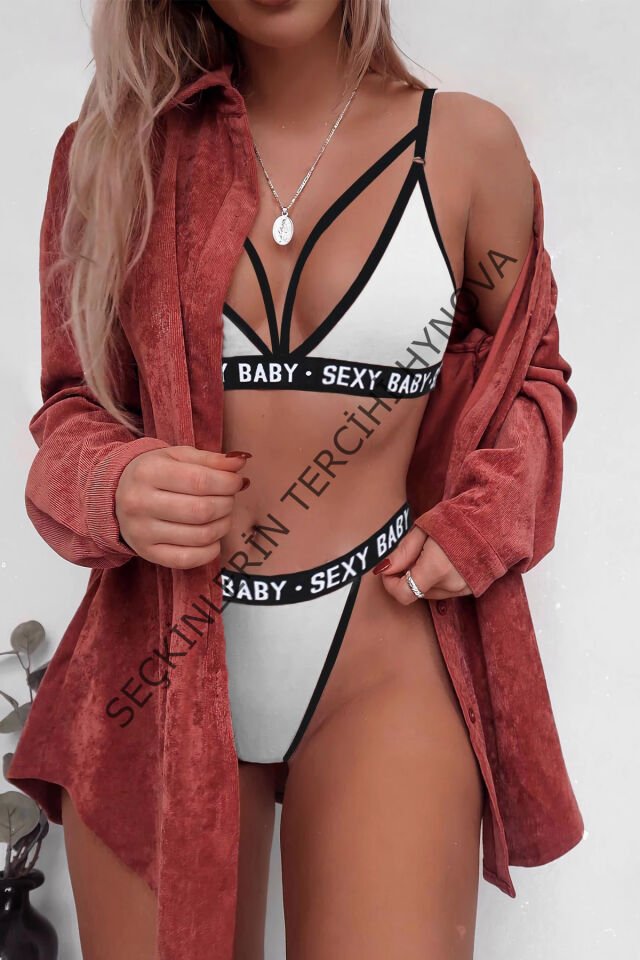 Kadın Beyaz Yazı Detaylı Ipli Sütyen Takımı – Modern, Konforlu ve Günlük Kombinlere Uygun