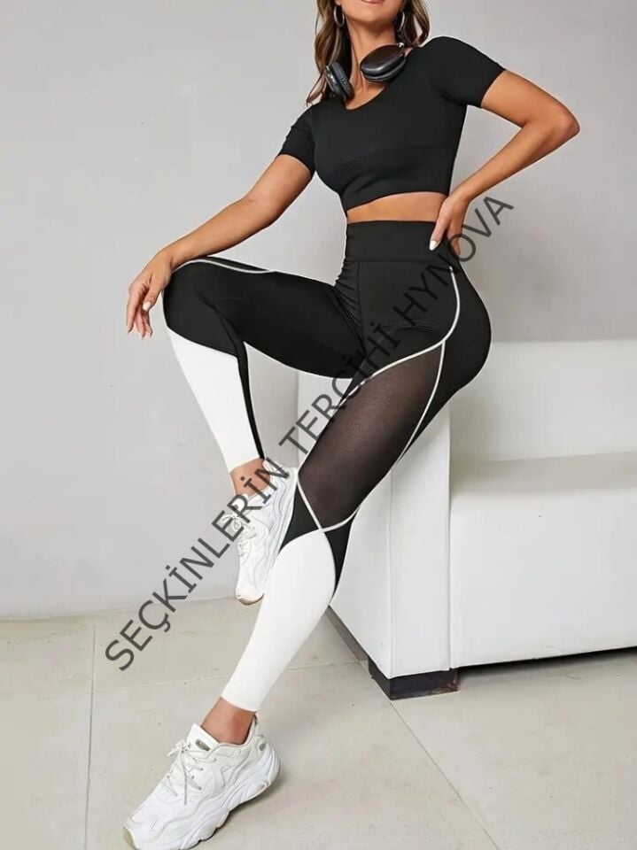 Kadın Yüksek Bel Yanlardan Tül Detaylı çift Renkli Spor Dalgıç Tayt
