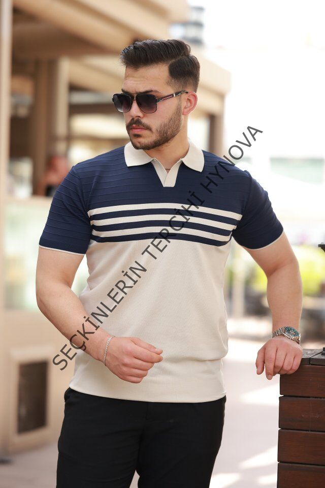 Erkek çizgi Desenli Yakalı Kısa Kollu T-shirt