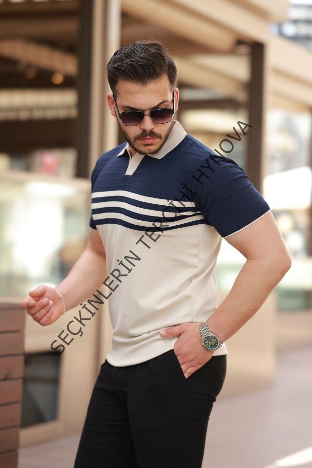 Erkek çizgi Desenli Yakalı Kısa Kollu T-shirt