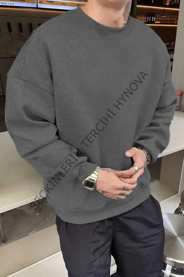 Erkek Düz Bisiklet Yaka Sweat - Füme