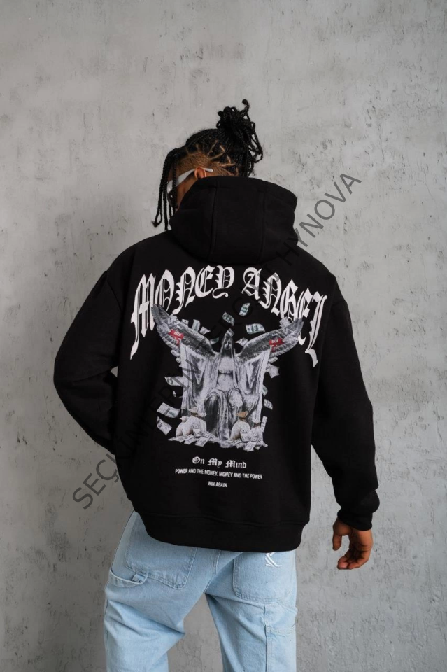 Erkek Kordon İpli Baskılı Kapüşonlu Sweatshirt - Siyah