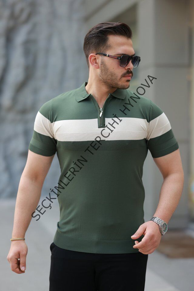 Erkek Fermuar Yakalı şerit Renk Desenli Kısa Kollu Tişört