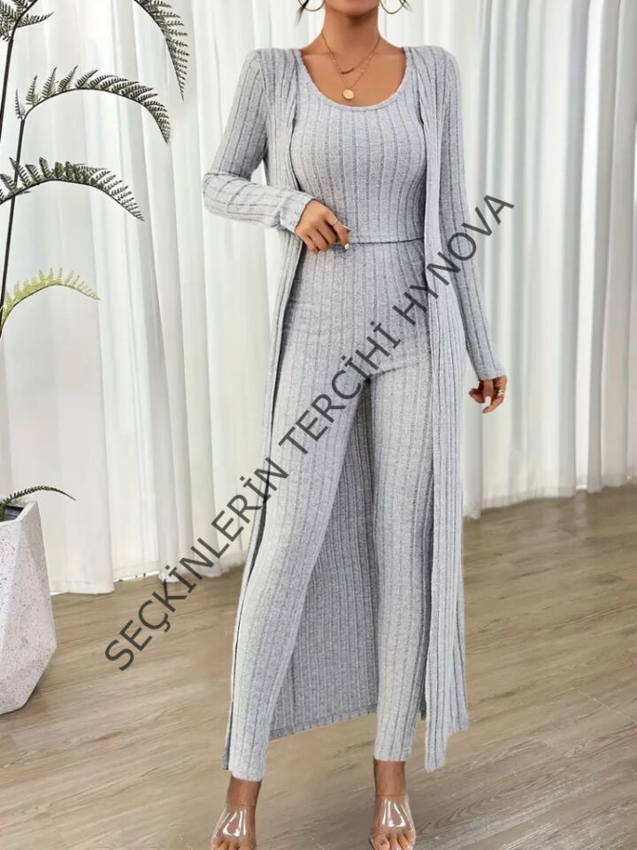 Kadın Yuvarlak Yaka Askılı Krop Bluz Yüksek Bel Tayt Ve Uzun Hırka şardonlu Kaşkorse üçlü Takım