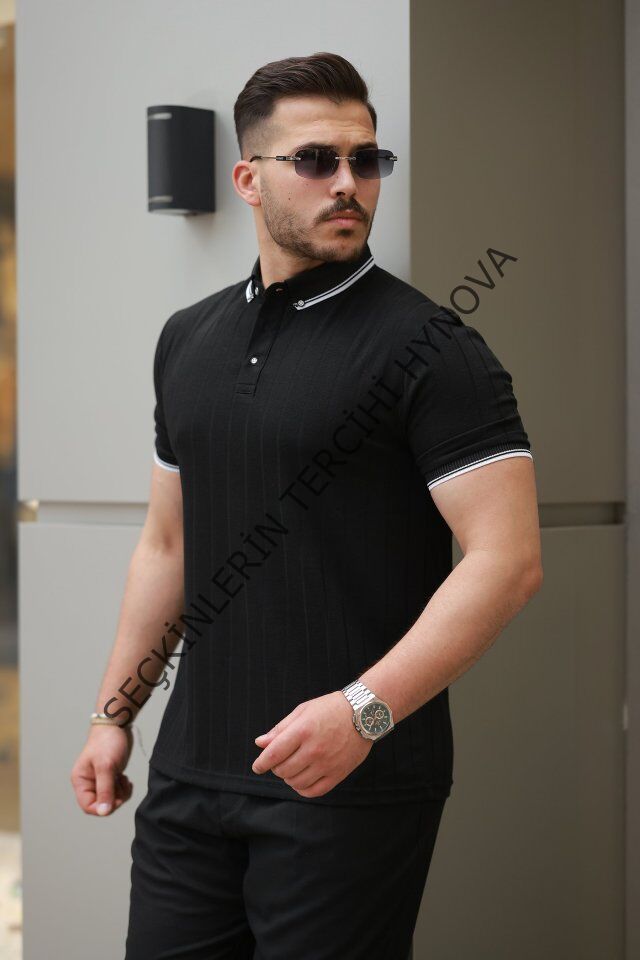 Erkek Düğme Yakalı Jakar Kumaş Kısa Kollu Tişört