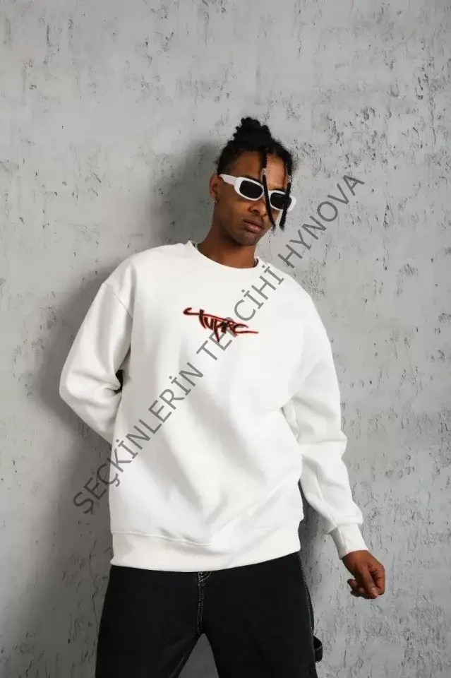 Erkek 3 İplik Gangster Baskılı Sweatshirt - Beyaz