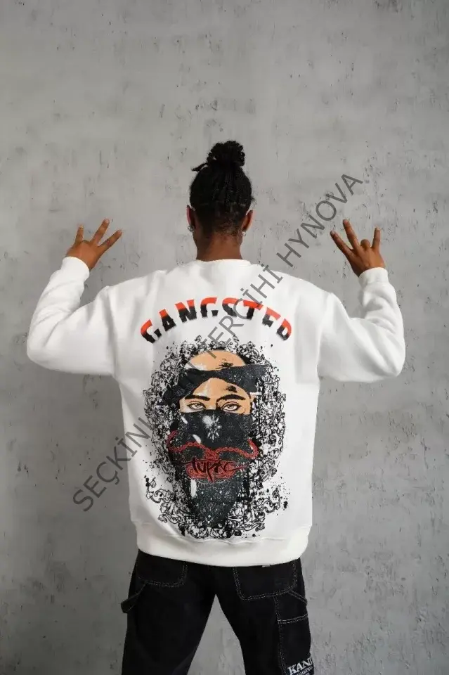 Erkek 3 İplik Gangster Baskılı Sweatshirt - Beyaz