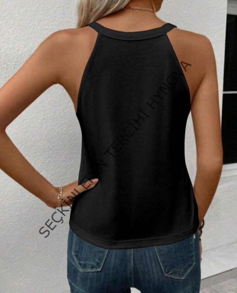 Kadın Sıfır Kol Halter Yaka Kalp Baskılı Viskon Bluz