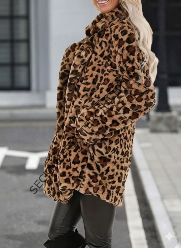 Kadın Uzun Kollu Yakalı Cepli Kısa Peluş Leopar Kaban