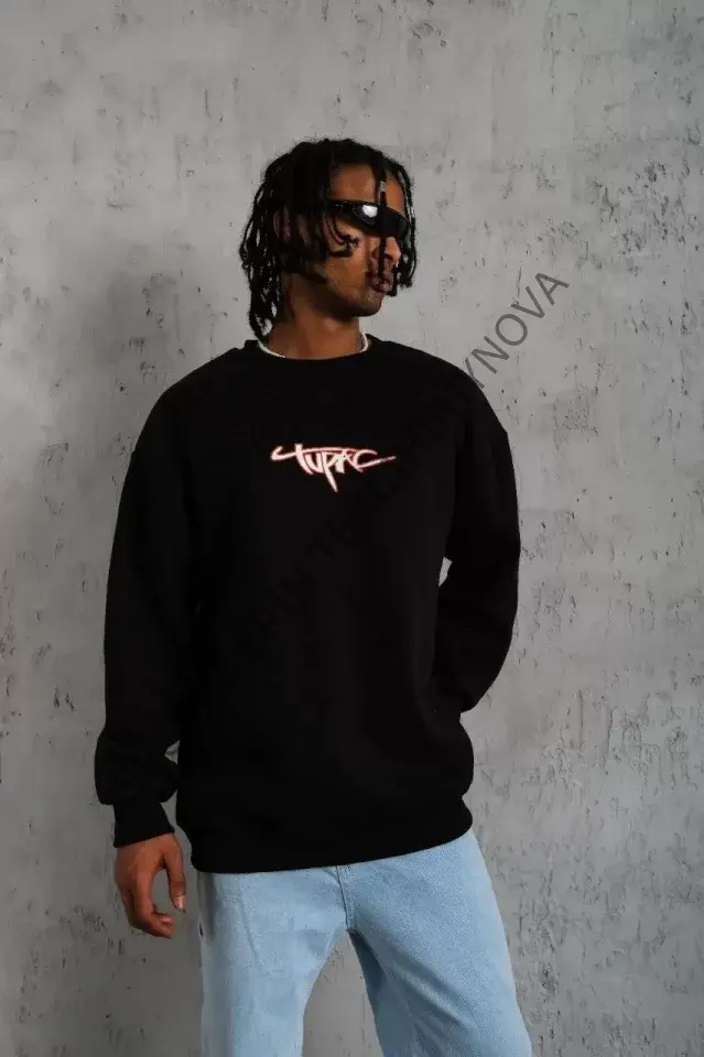 Erkek 3 İplik Gangster Baskılı Sweatshirt - Siyah