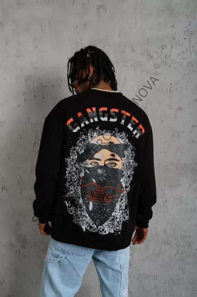 Erkek 3 İplik Gangster Baskılı Sweatshirt - Siyah