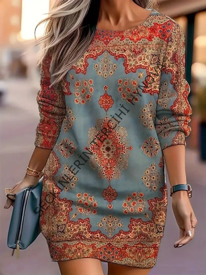 Kadın Uzun Kollu Yuvarlak Yaka Desenli Mini Modal Elbise