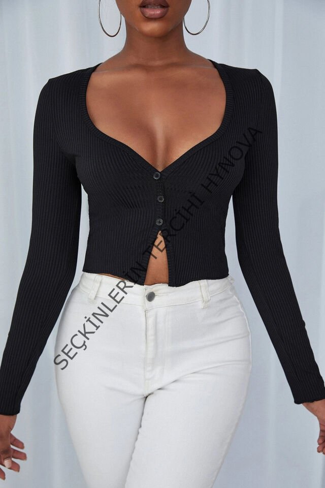 Kadın Siyah Uzun Kollu Düğmeli Göğüs ve Göbek Dekolteli Crop Top Bluz – Şık, Rahat ve Kolay Kombinlenebilir