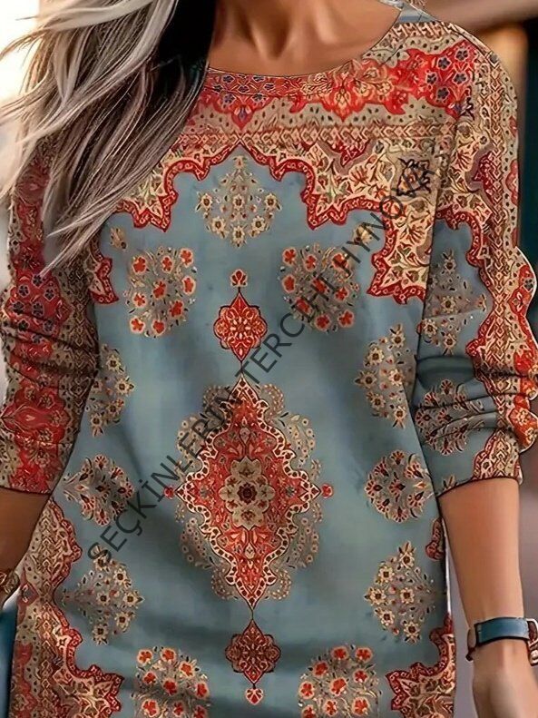 Kadın Uzun Kollu Yuvarlak Yaka Desenli Mini Modal Elbise
