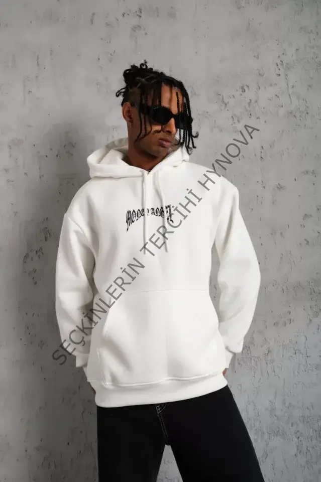 Erkek Kordon İpli Baskılı Kapüşonlu Sweatshirt - Beyaz