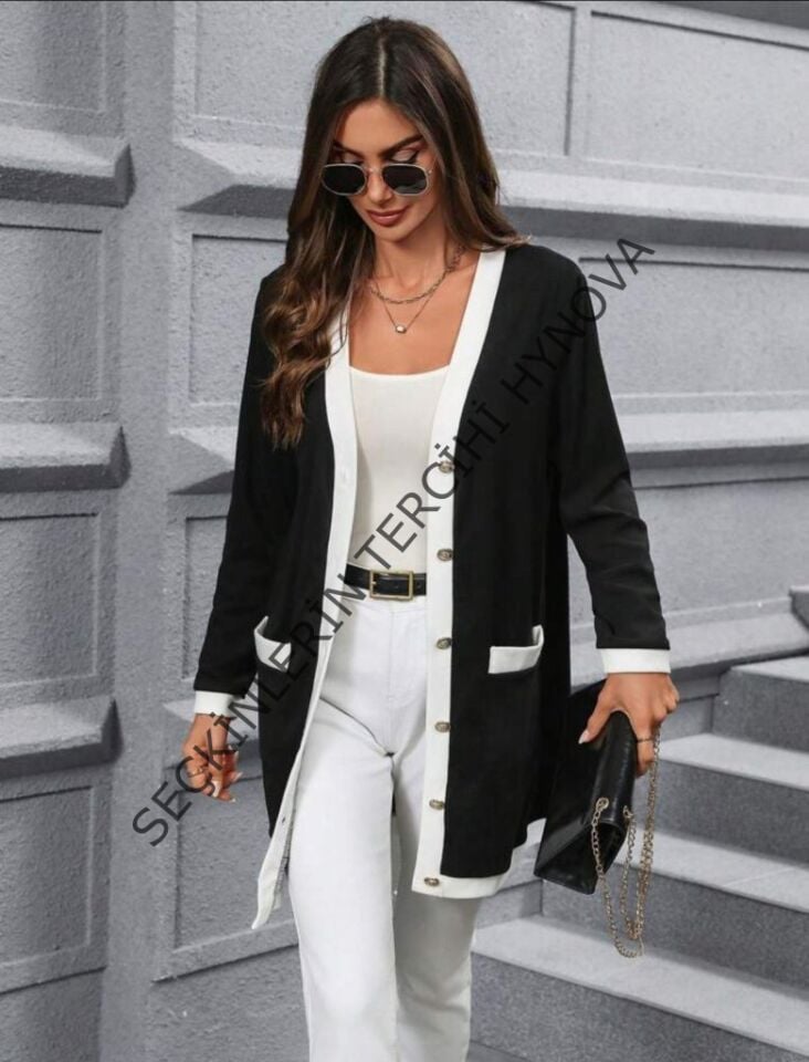 Kadın Uzun Kollu Cepli önden Düğmeli Uzun Modal Ceket Hırka