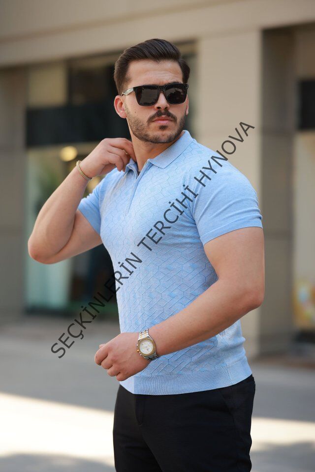 Erkek Fermuar Yakalı Baklava Desen Kısa Kollu Gömlek