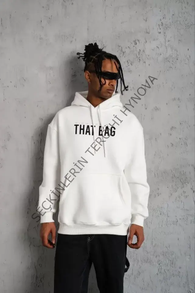 Erkek Kanguru Cep Baskılı Kapüşonlu Sweatshirt - Beyaz