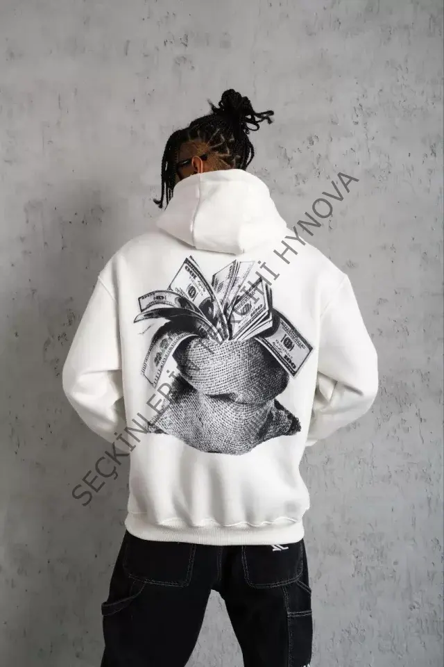 Erkek Kanguru Cep Baskılı Kapüşonlu Sweatshirt - Beyaz