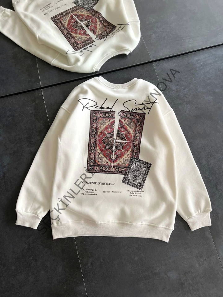 Bisiklet Yaka Baskılı SweatShirt - Beyaz