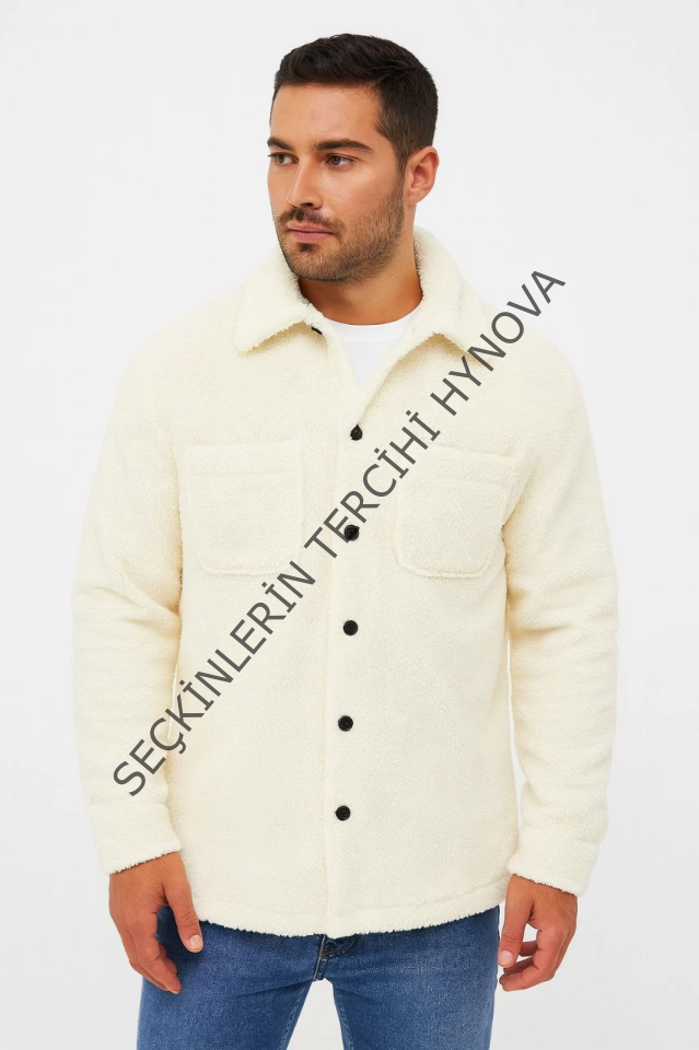 Erkek Pelüş Polar Hırka Gömlek – Yakalı, İlik Düğmeli, Göğüs Cepli, Yumuşak Dokulu Kışlık Regular Fit Rahat Günlük Model - Beyaz