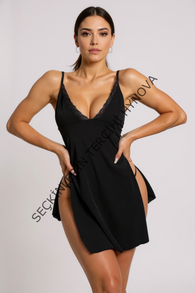 Kadın Siyah Yırtmaçlı Göğsü Dantelli Agraflı Gecelik – Modern ve Şık Tasarım