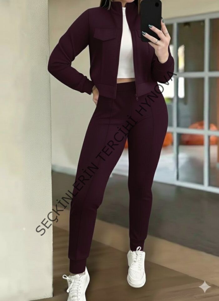 Kadın Uzun Kollu önden Fermuarlı Kısa Modal Mor Ceket Ve Pantolon Ikili Takım