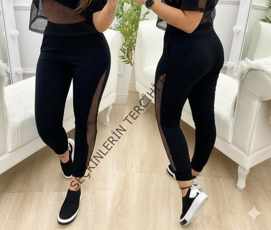 Kadın Yüksek Bel File Detaylı Dar Kesim Viskon Iki Iplik Pantolon