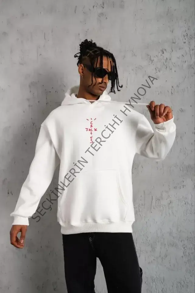 Erkek Kordonlu Arka Maske Kordon Saçlı Kapüşonlu - Beyaz