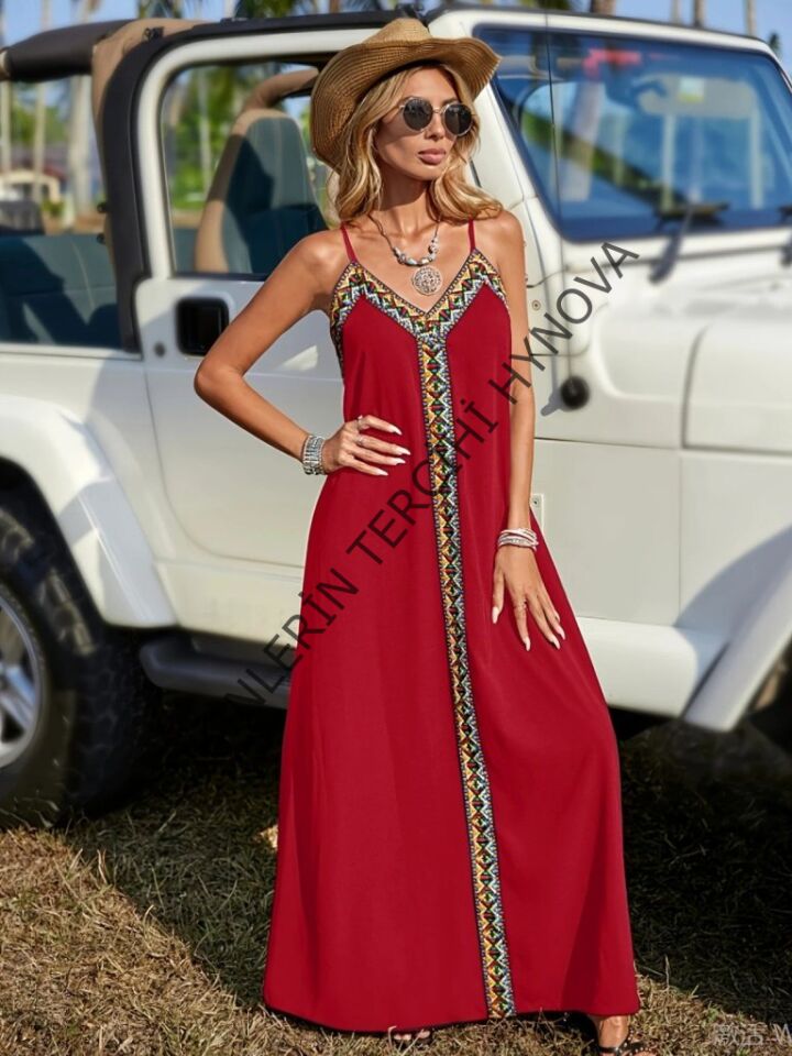 Kadın Askılı V Yakalı Etnik şerit Detaylı Uzun Viskon Elbise