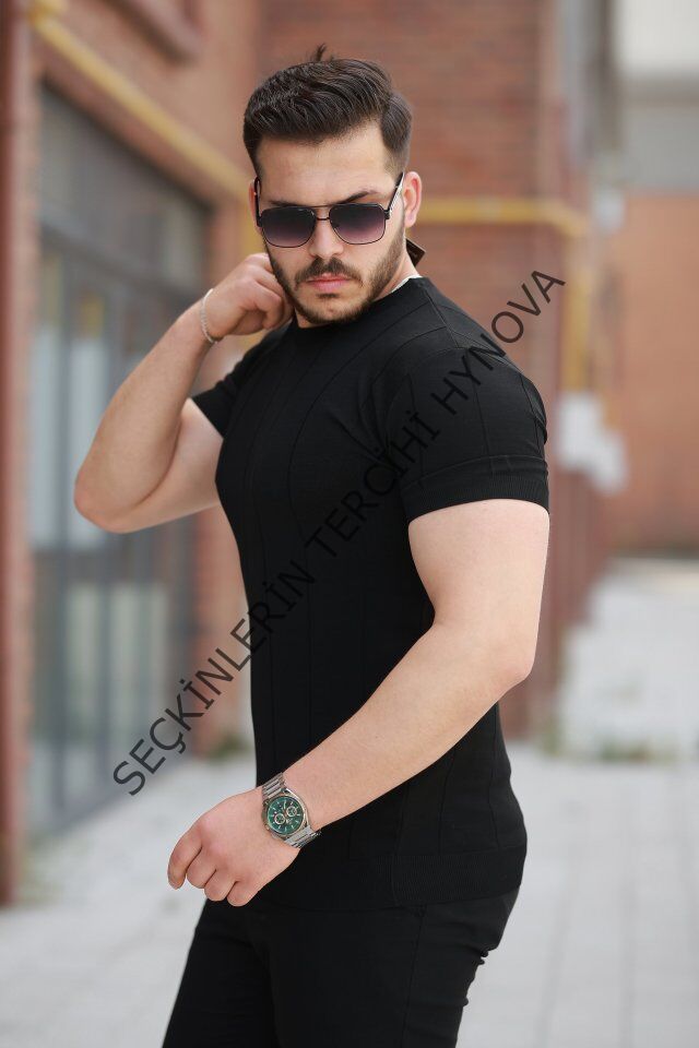 Erkek Ince çizgi Dokulu Bisiklet Yaka Kısa Kollu T-shirt