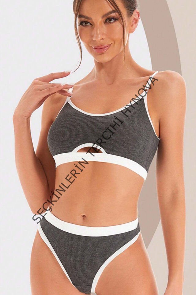Kadın Gri Antrasit Kaşkorse ve Beyaz Lastikli Cut-Out Tanga Külotlu Takım – Modern, Konforlu