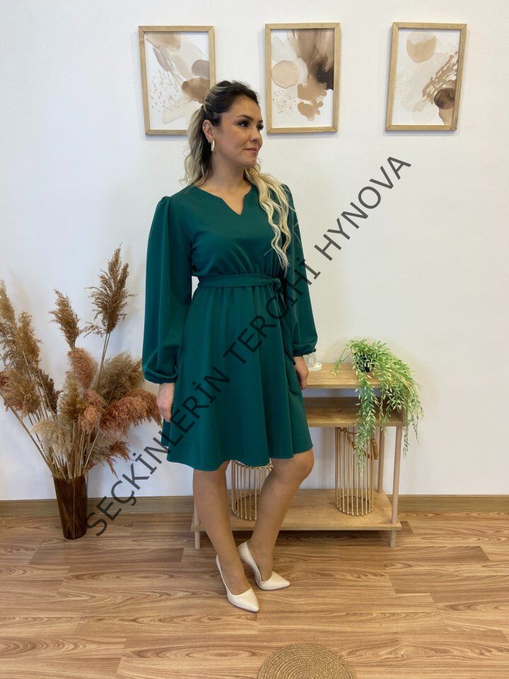 Kadın Uzun Kollu V Yakalı Belden Kuşaklı Kiloş Krep Elbise