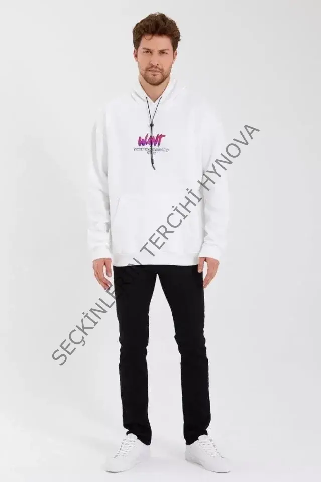 Erkek Baskılı Üç İplik Kapüşonlu Oversize Sweatshirt - Beyaz