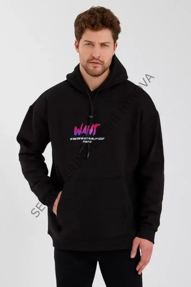 Erkek Baskılı Üç İplik Kapüşonlu Oversize Sweatshirt - Siyah