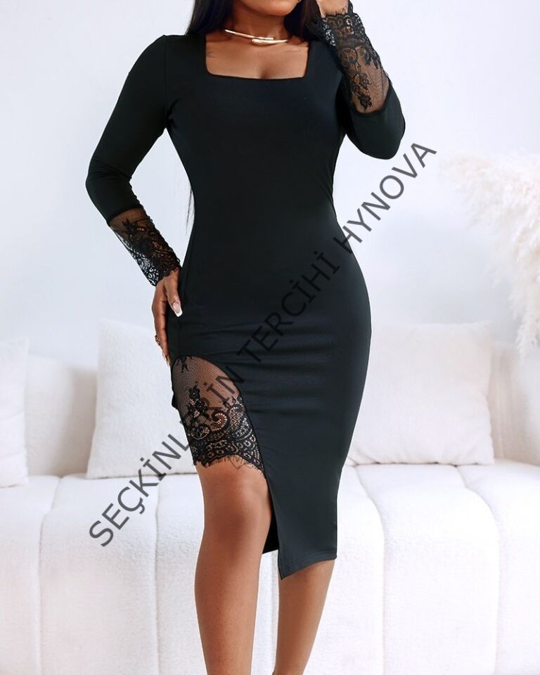 Kadın Uzun Kollu Geometrik Yakalı Dantel Detaylı Midi Ithal Krep Elbise