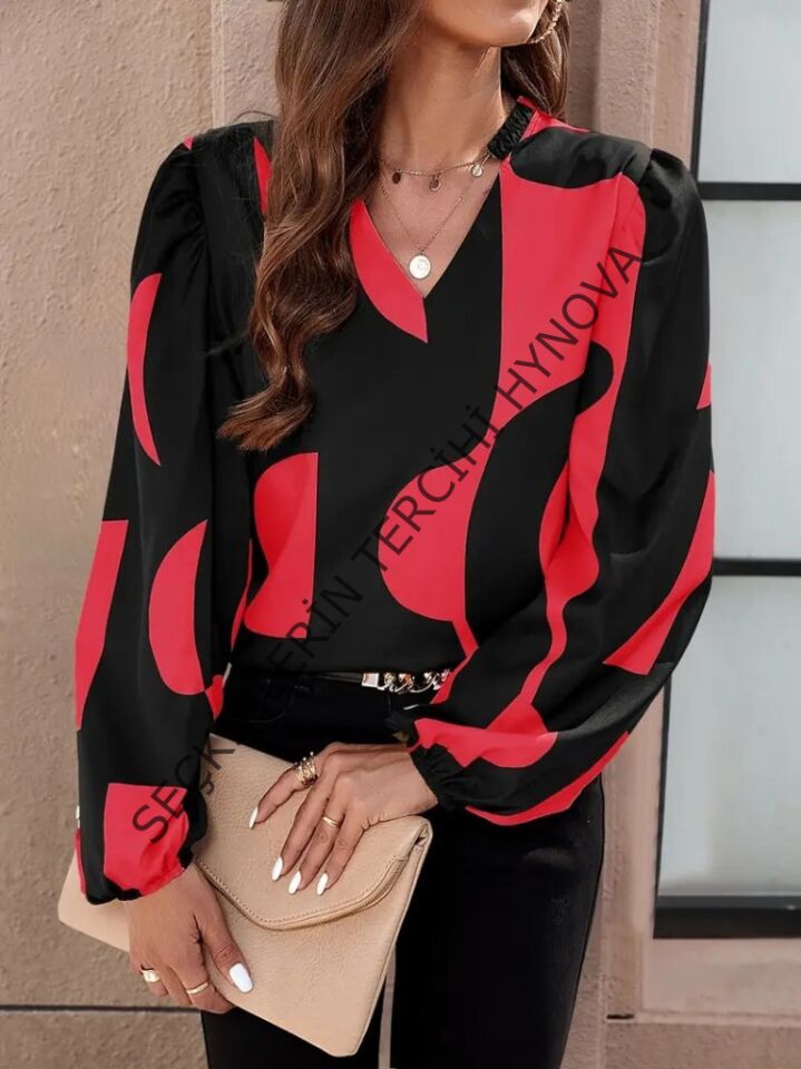 Kadın Uzun Kollu V Yakalı Desenli Modal Bluz