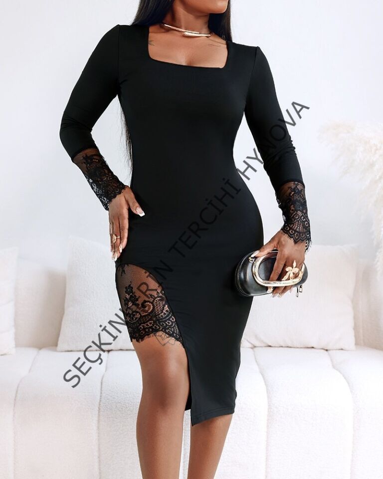 Kadın Uzun Kollu Geometrik Yakalı Dantel Detaylı Midi Ithal Krep Elbise