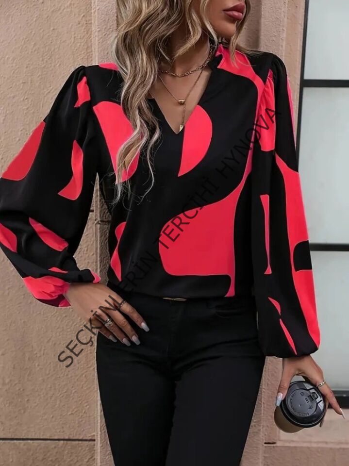 Kadın Uzun Kollu V Yakalı Desenli Modal Bluz