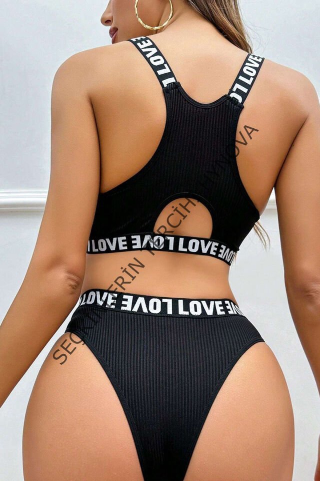 Kadın Siyah Çapraz Sırt ve Love Lastik Detaylı Sütyen Külot Takım