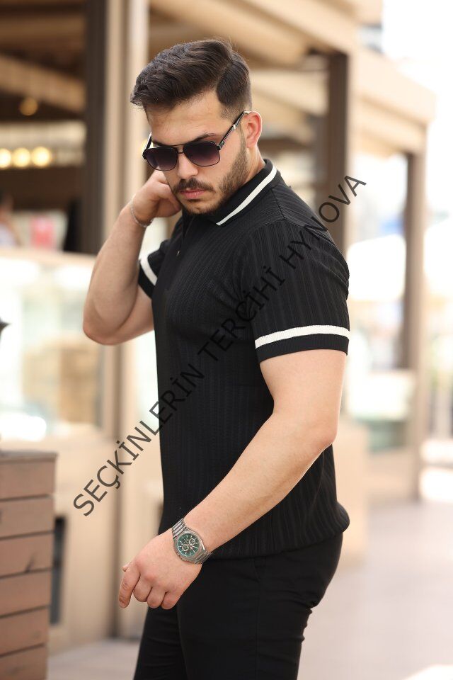 Erkek Yaka Ve Kolları çizgi Detaylı Fermuarlı Kısa Kollu T-shirt