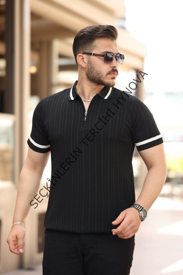 Erkek Yaka Ve Kolları çizgi Detaylı Fermuarlı Kısa Kollu T-shirt