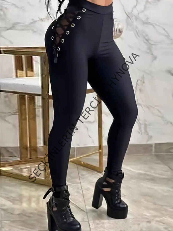 Kadın Yüksek Bel çapraz Bağcıklı Tül Detaylı Dalgıç Tayt